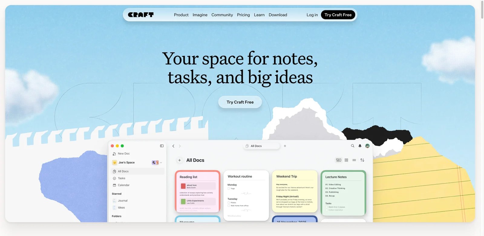 Craft interface showing polished writing documents and organized workspaces