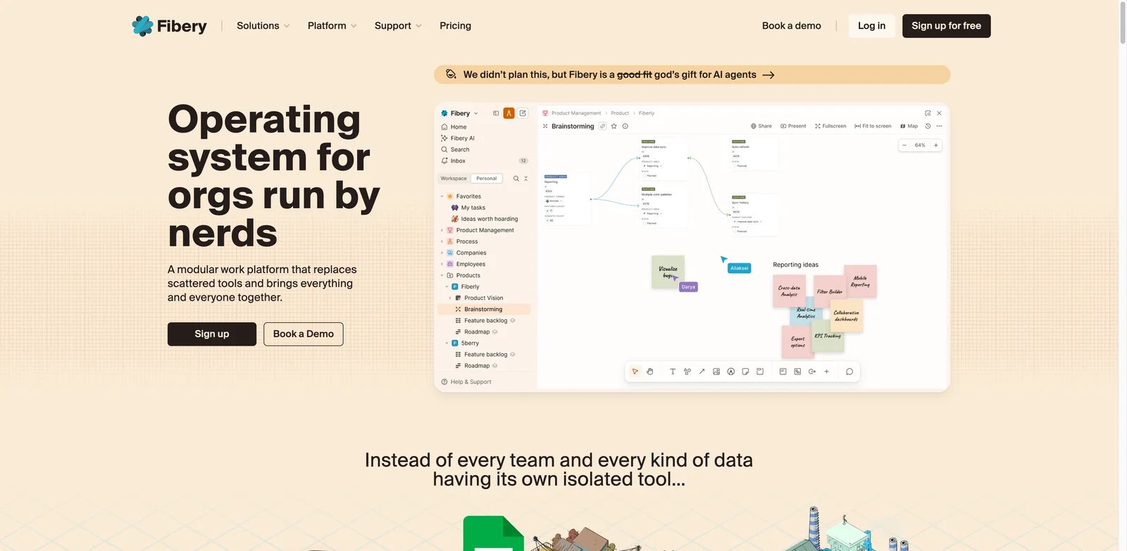 Fibery interface showing connected workspaces, databases, and team workflow views