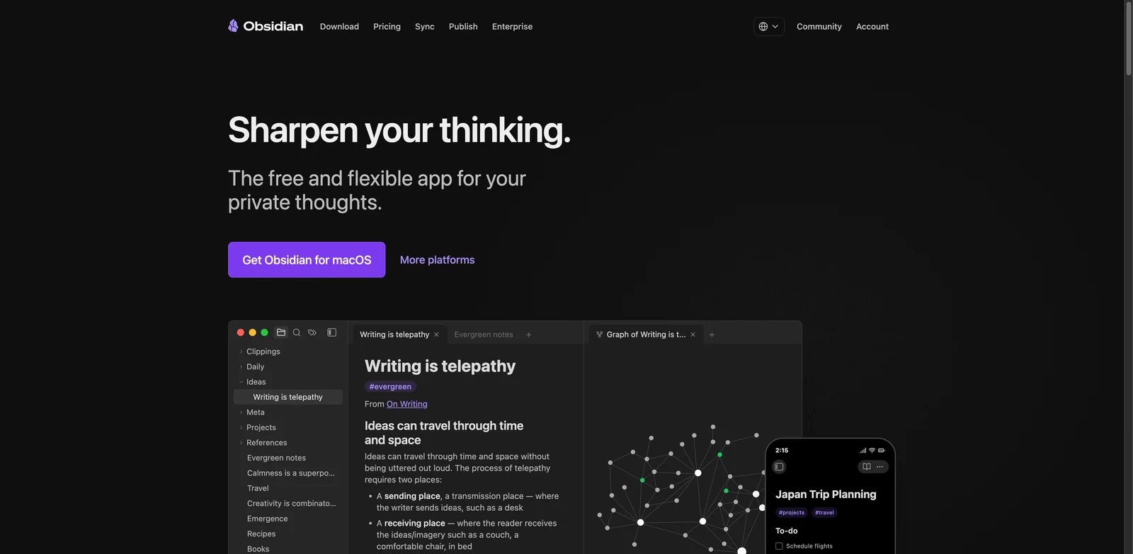 Obsidian interface showing local Markdown notes, backlinks, and graph-based knowledge management