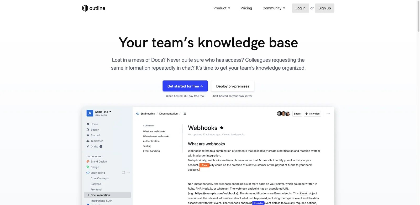 Outline interface showing a focused team wiki with document navigation and search
