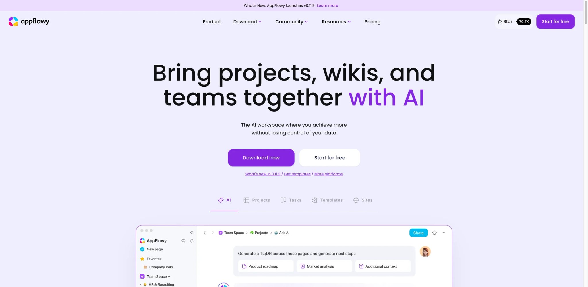 AppFlowy interface showing an open-source Notion-style board with database views and AI