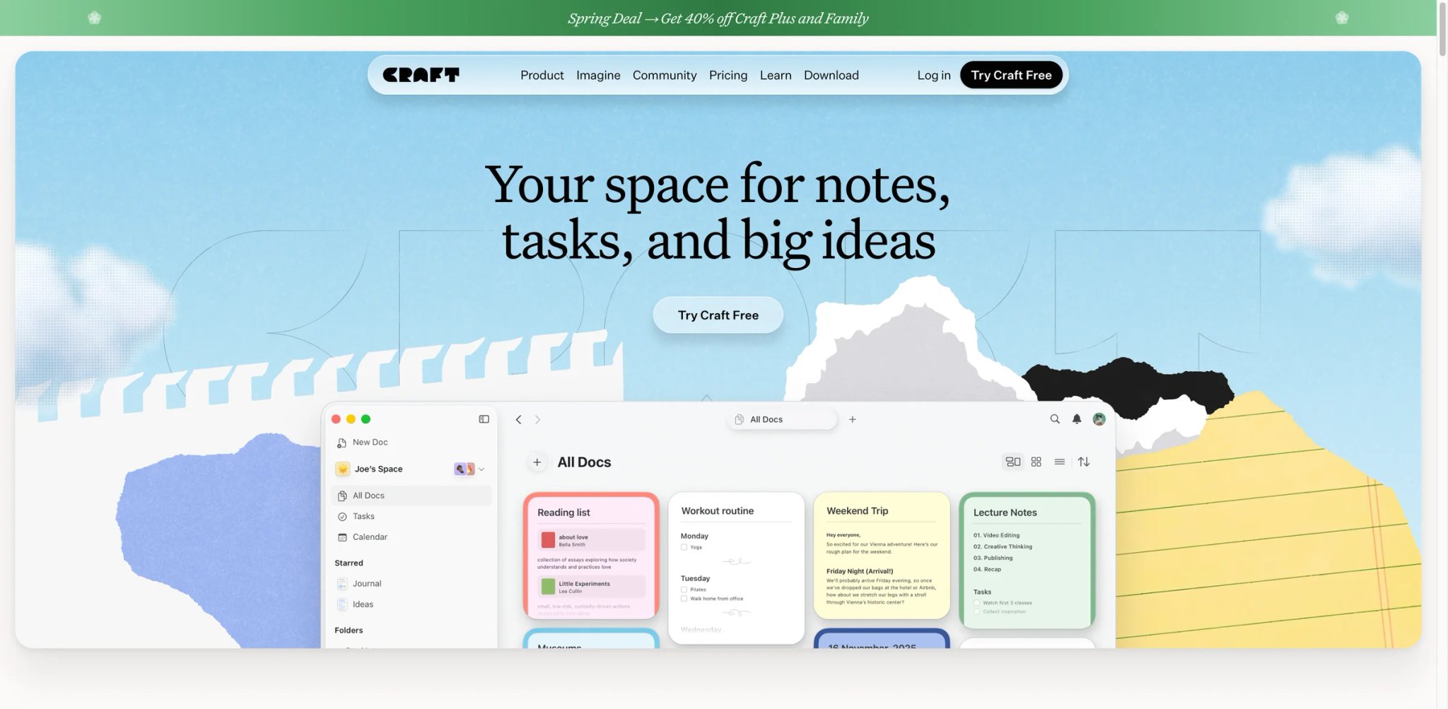 Craft interface showing a polished structured document with nested blocks and sharing