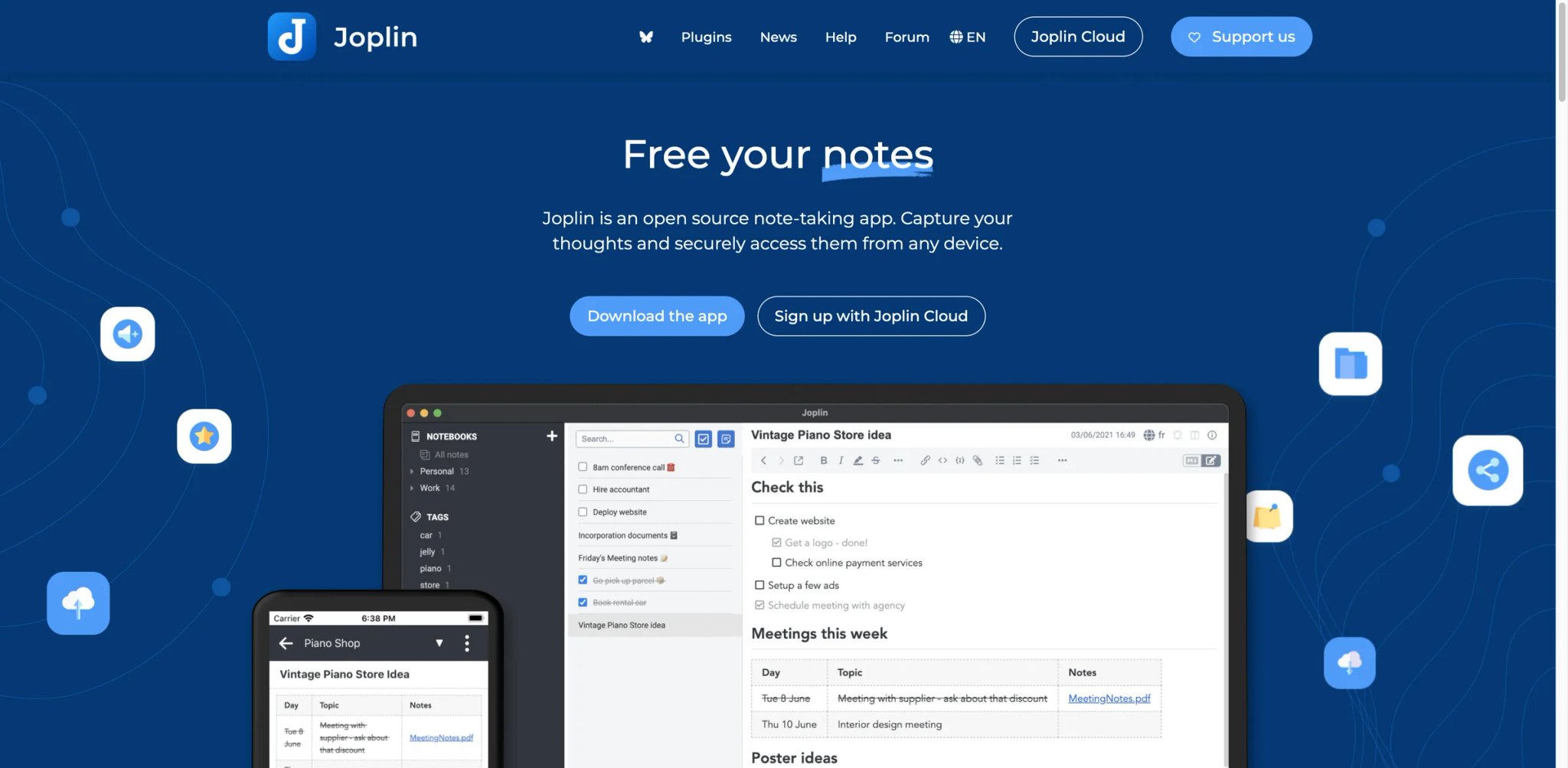 Joplin interface showing a Markdown note with notebook sidebar and encrypted sync settings