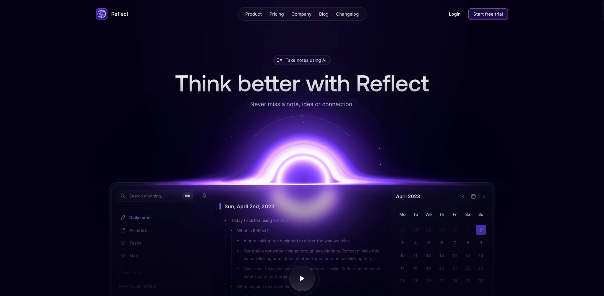 Reflect interface showing a networked daily note with an inline AI assistant panel