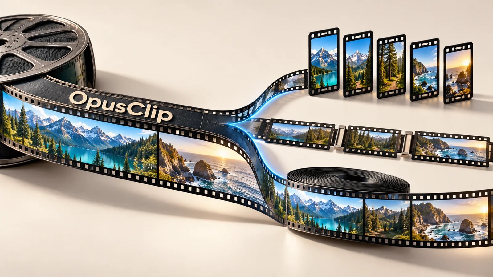 OpusClip video frames branching toward automatic short clips, editable sequences and a local editing workflow