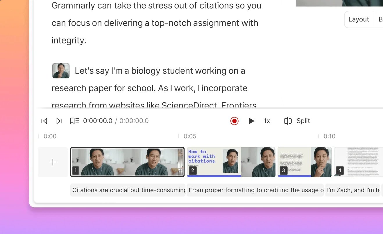 Descript's transcript and timeline editor shown in its official getting-started documentation