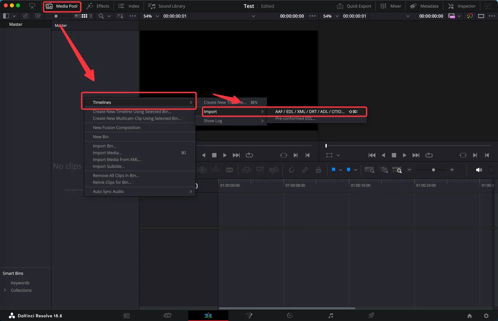 DaVinci Resolve Edit-page import workflow shown in OpusClip's official XML handoff guide