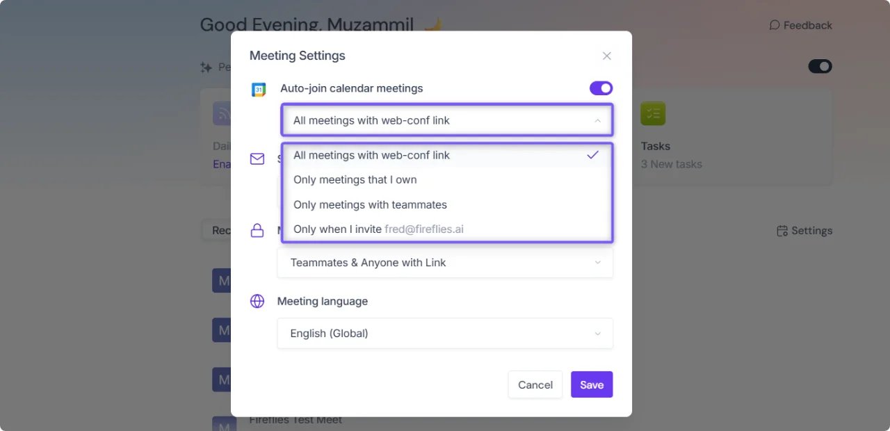 Fireflies documentation shows the Auto-join calendar-meetings setting that controls the new-account free transcription allowance