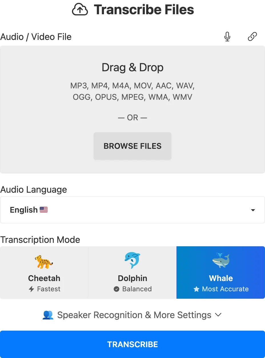 TurboScribe's public transcription form shows file upload, audio language, transcription mode and speaker-recognition settings