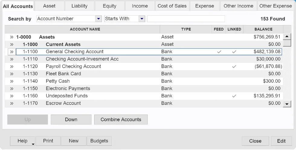 AccountEdge's official desktop chart of accounts showing account types and balances