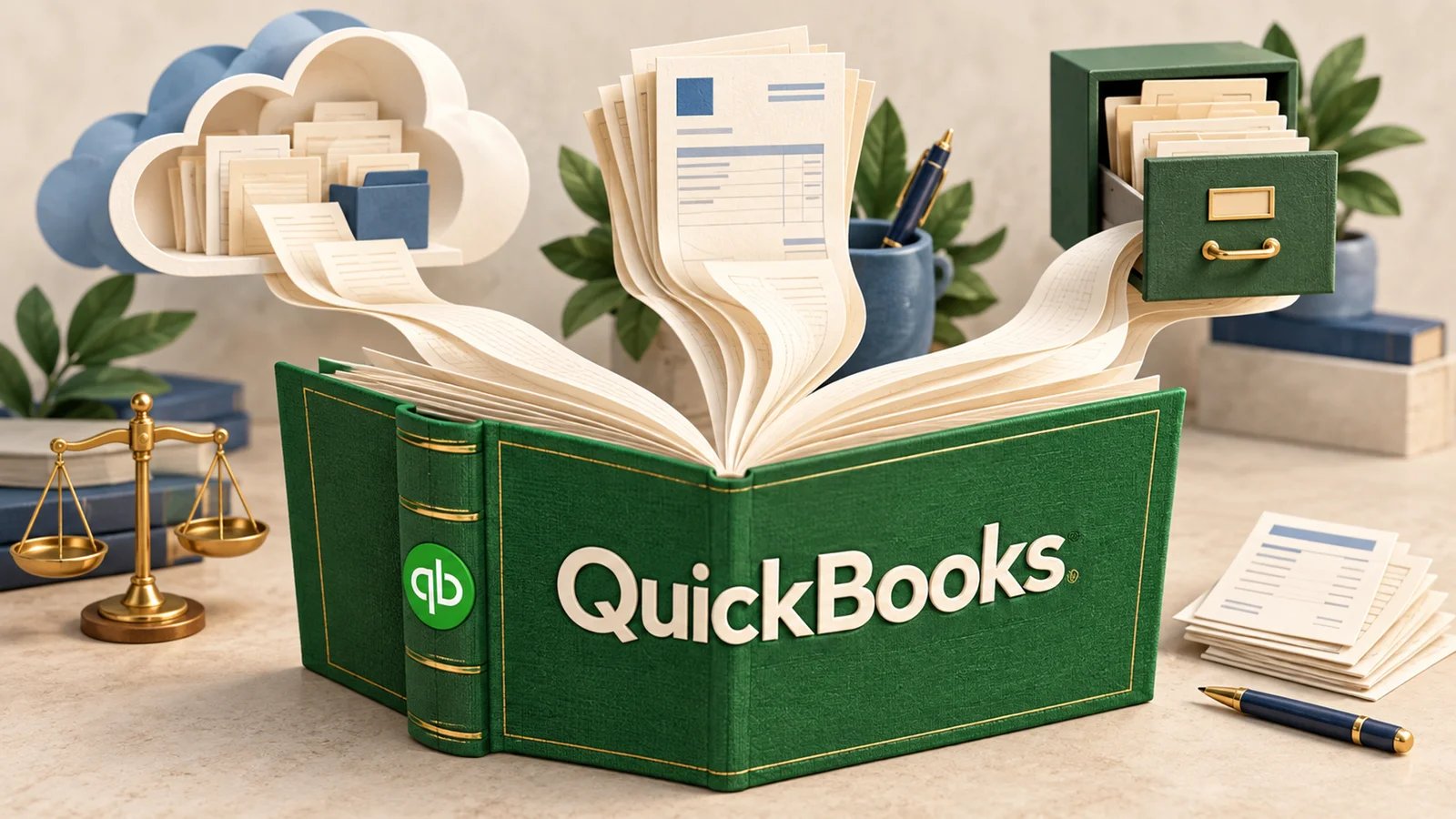 QuickBooks ledger with accounting records moving toward cloud, invoicing and local desktop workflows