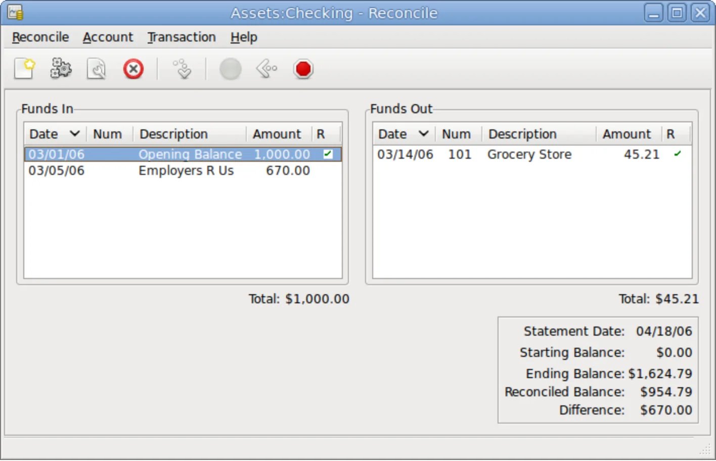 GnuCash's official reconciliation dialog showing cleared transactions and statement balances