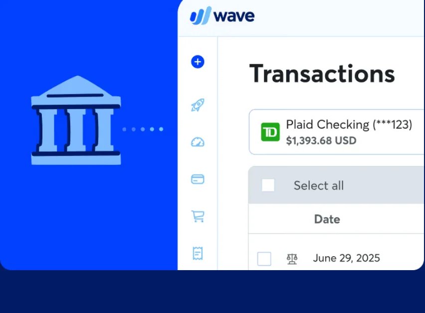 Wave's vendor-published transaction interface illustration showing a connected bank
