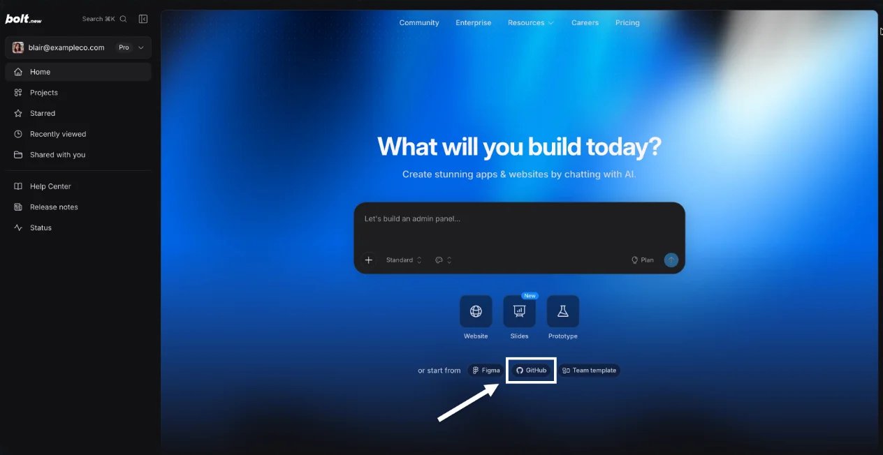 Bolt homepage showing the GitHub import entry below the prompt box