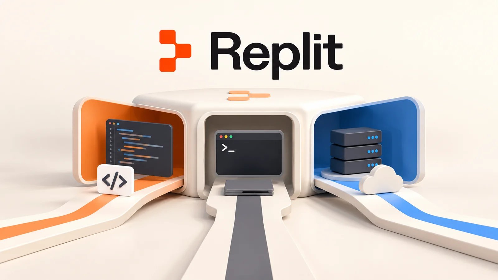 Replit development platform opening into separate code editor, browser workspace and hosting routes