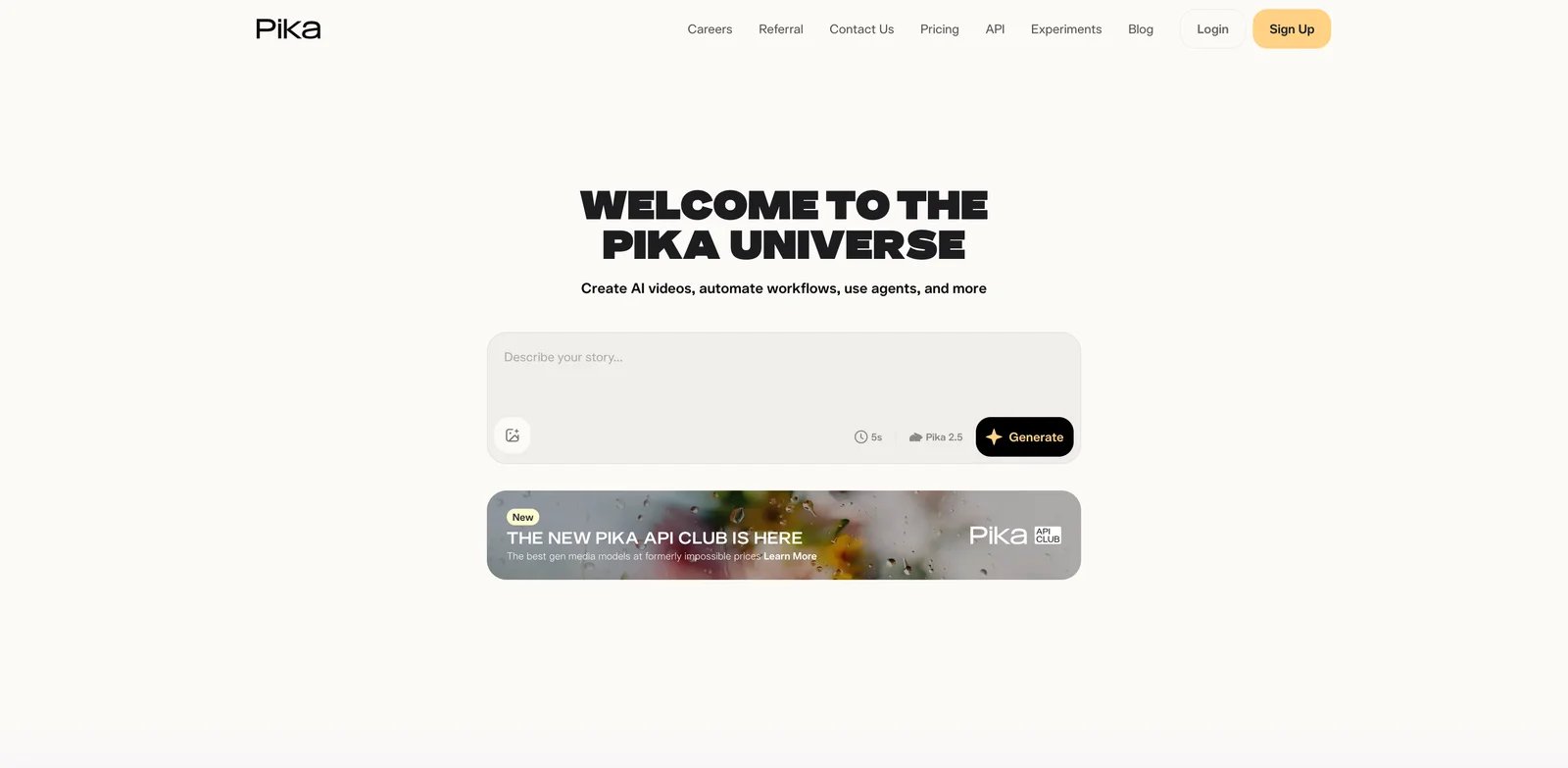 Pika interface showing short-form AI video generation and effects workflow