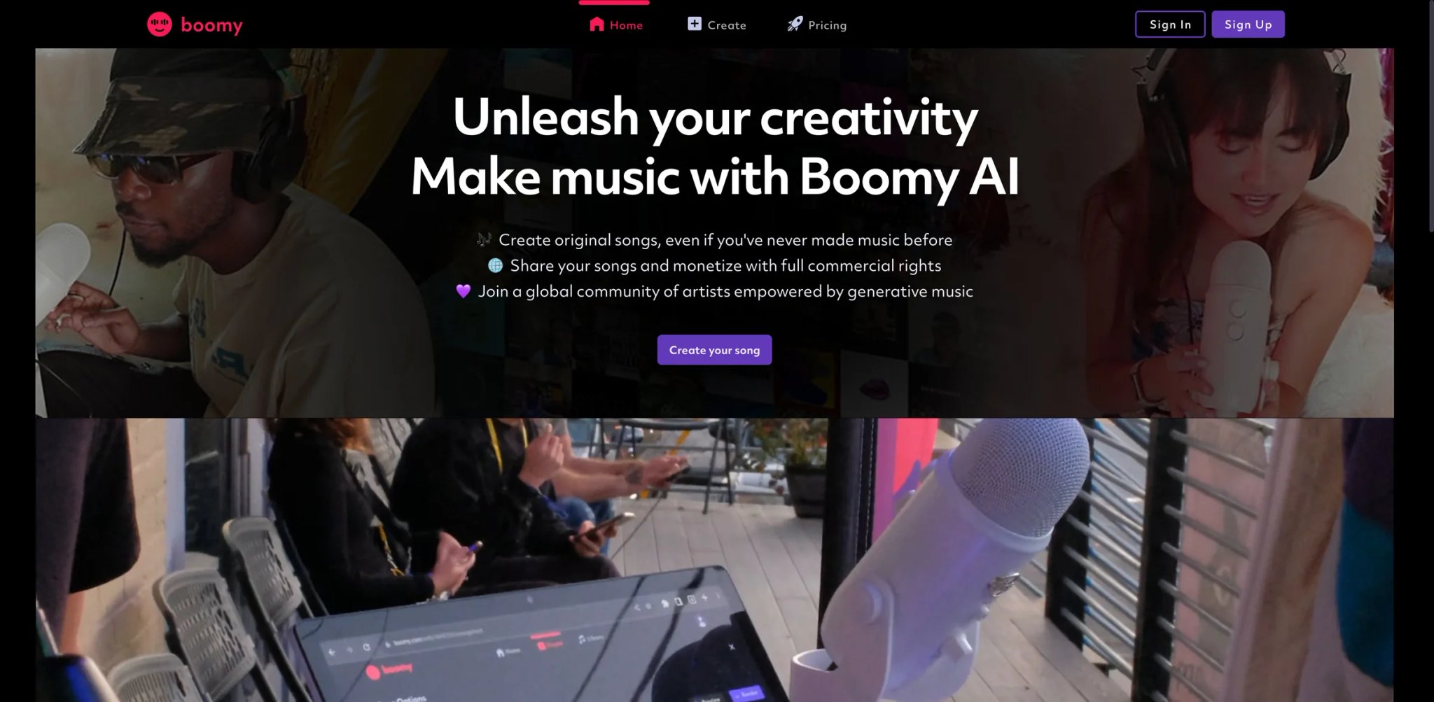 Boomy interface showing fast song creation with genre selection, AI-assisted arrangement and streaming distribution