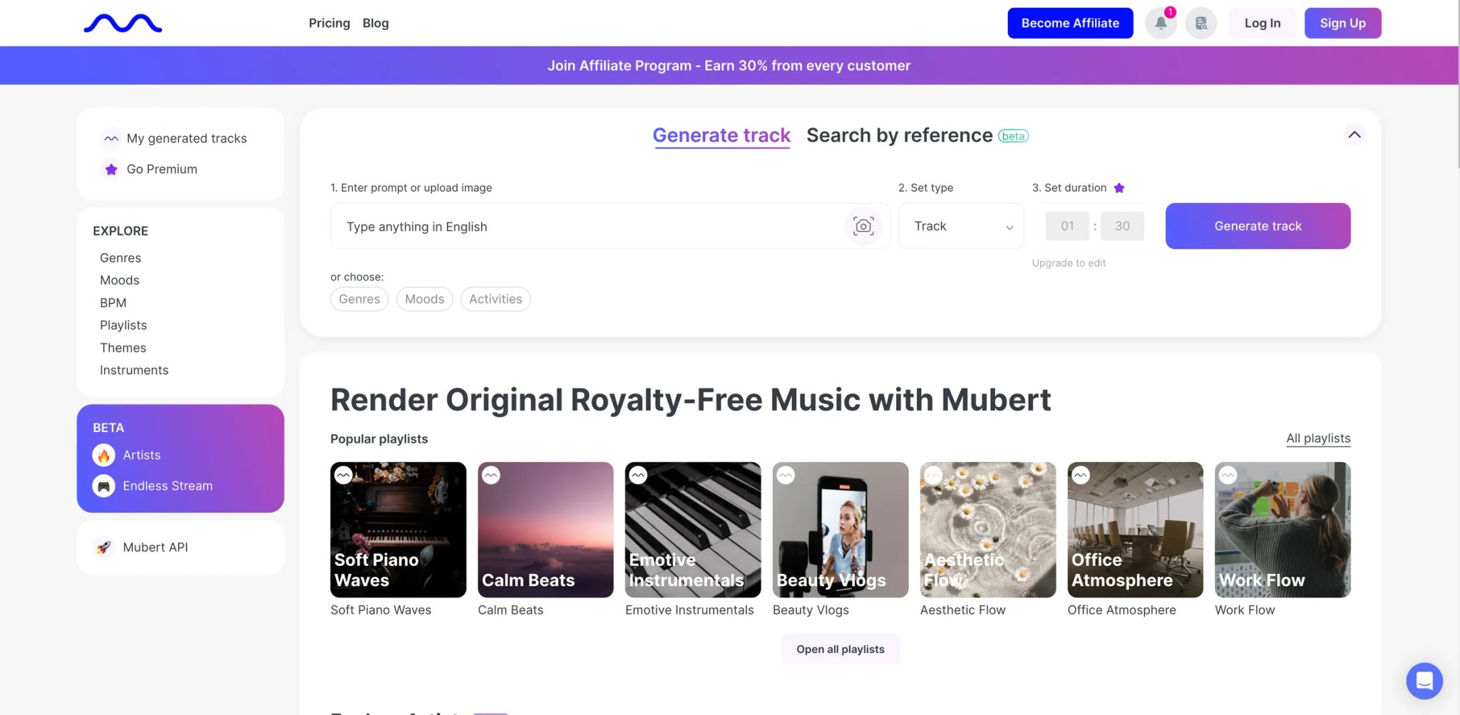 Mubert interface showing AI music generation with mood, genre and duration controls plus stream-style output
