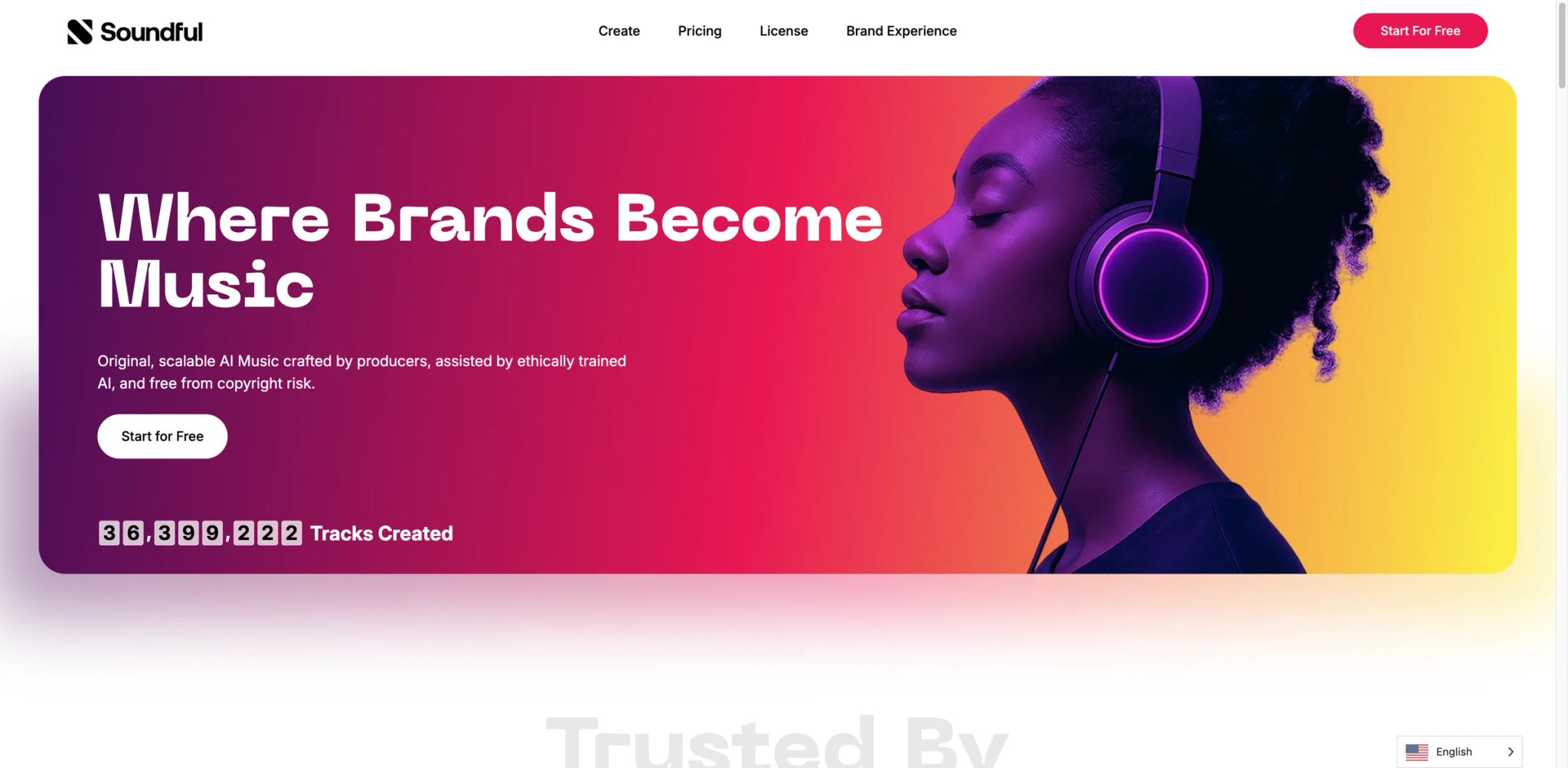 Soundful interface showing genre templates, download counters and royalty-free creator pricing tiers