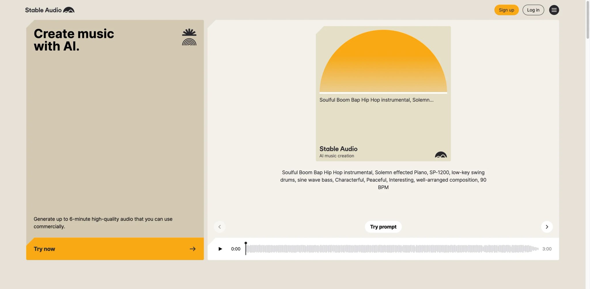 Stable Audio interface showing track generation prompts, duration controls and commercial-use track quotas