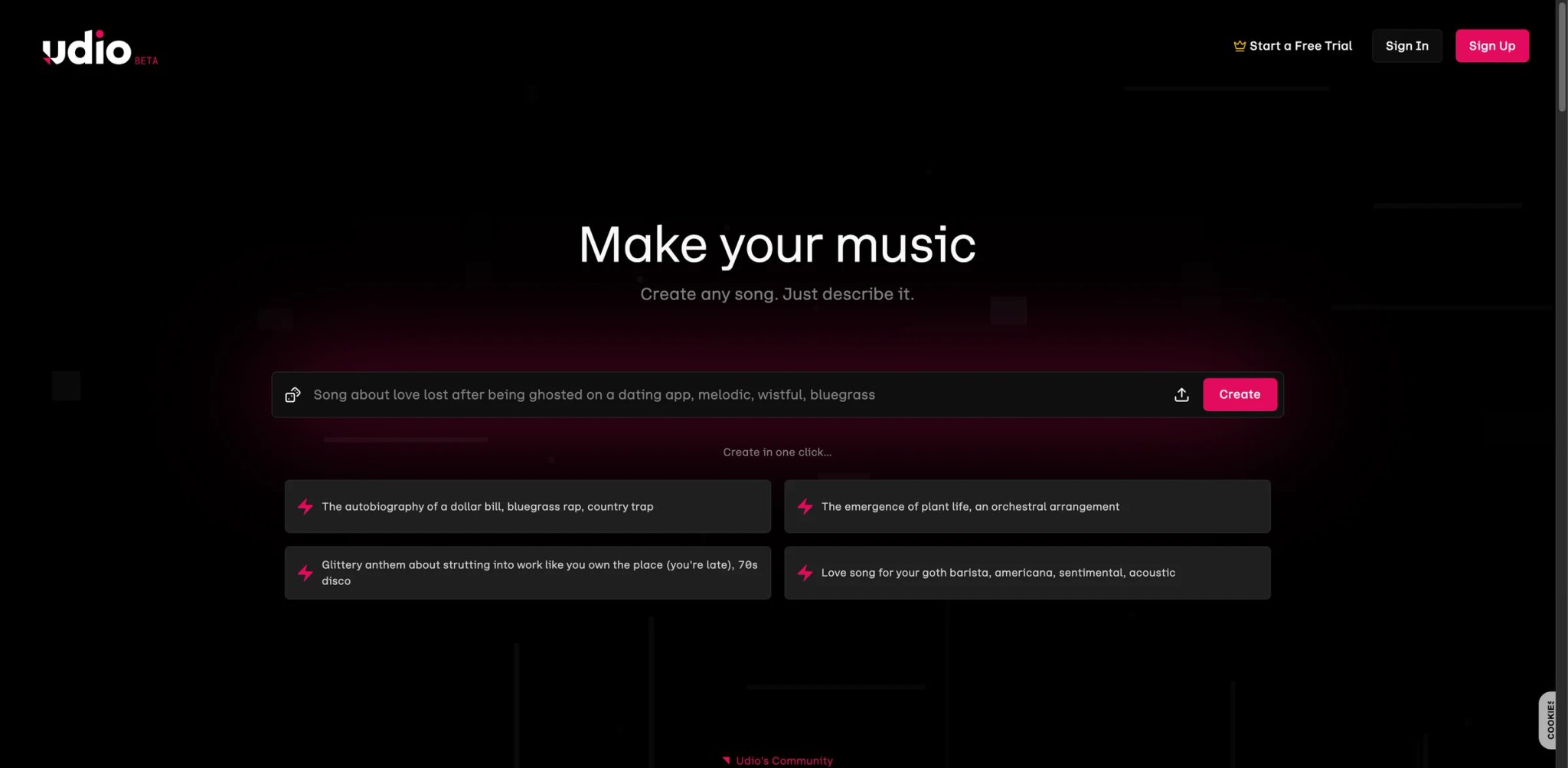 Udio interface showing an AI music generation prompt and full-song output with vocals and segment editing