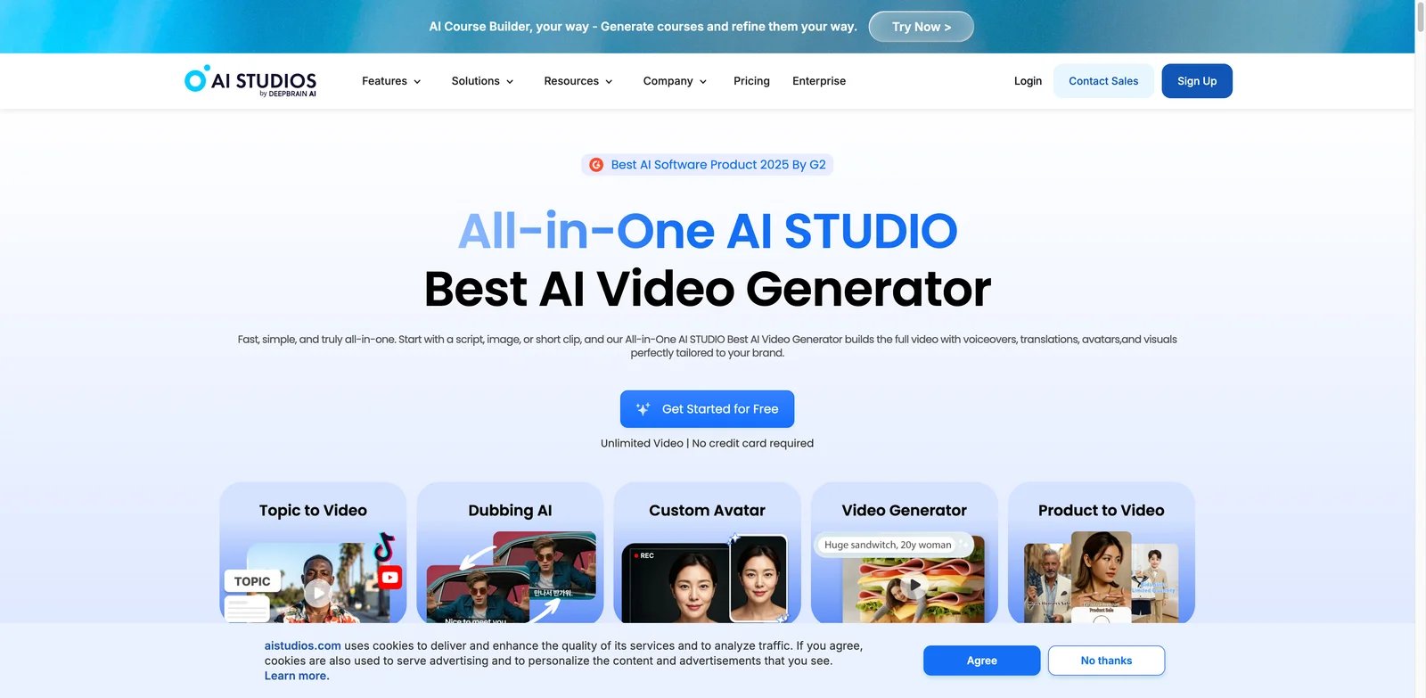 AI Studios interface showing AI avatar templates and multilingual video creation