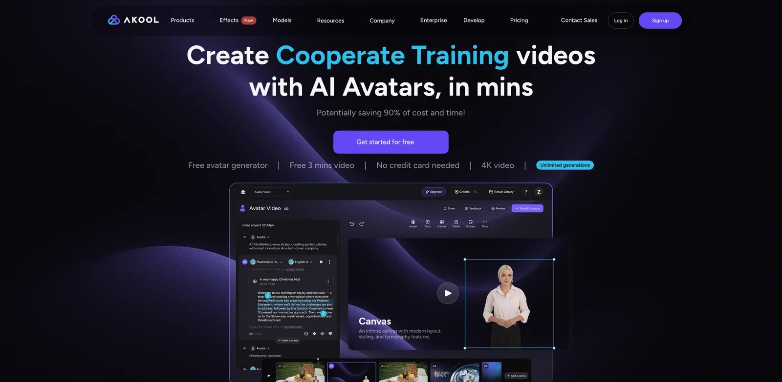 AKOOL interface showing AI avatar and marketing video tools