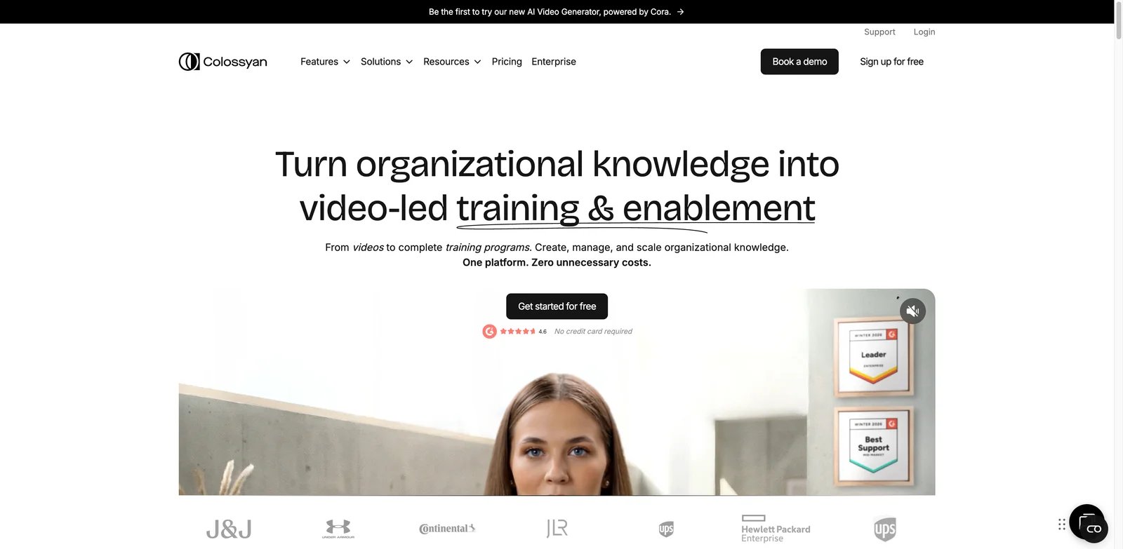 Colossyan interface showing AI training video builder with quizzes and SCORM options