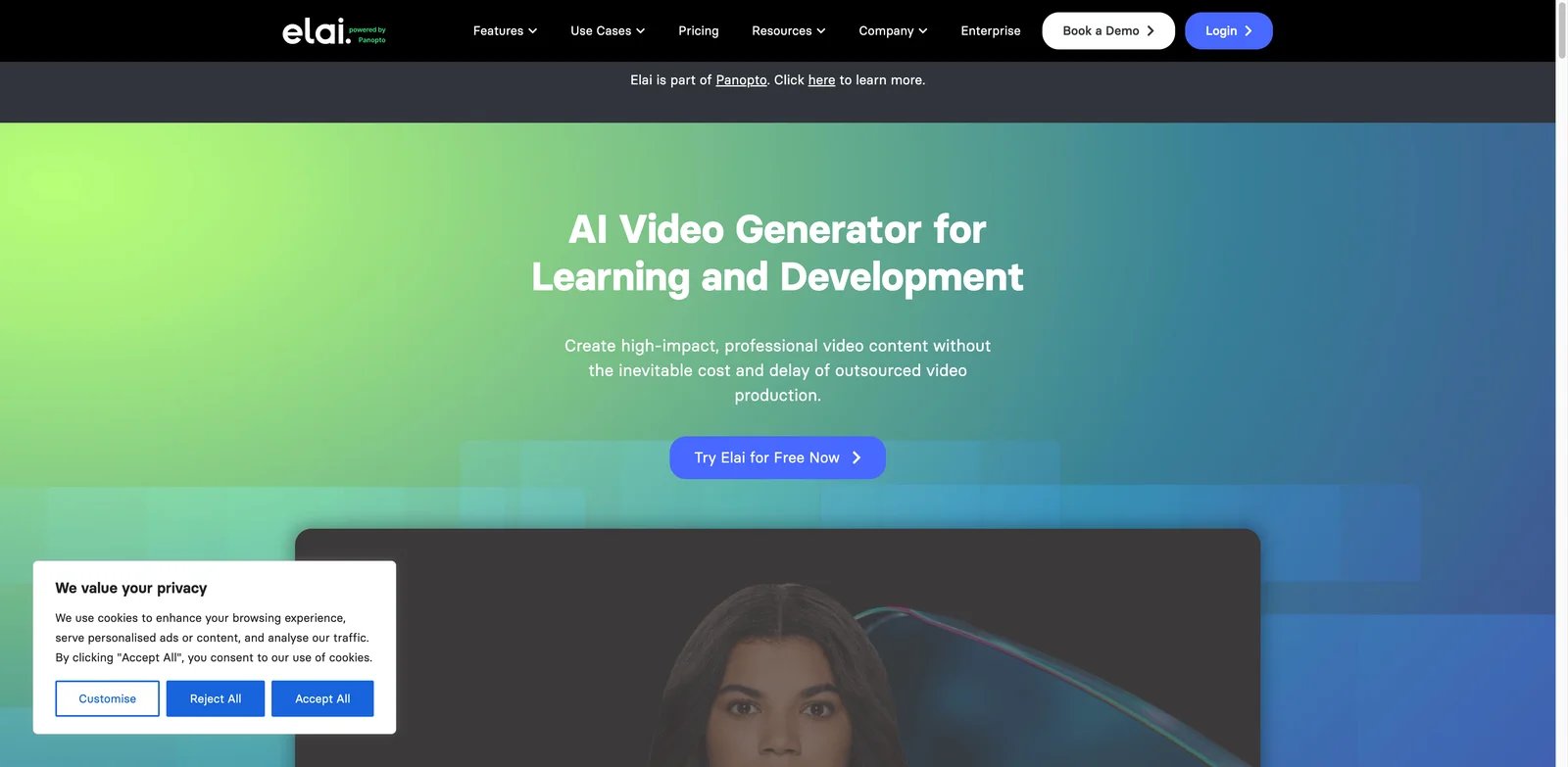 Elai interface showing AI training video creation and multilingual avatar workflow