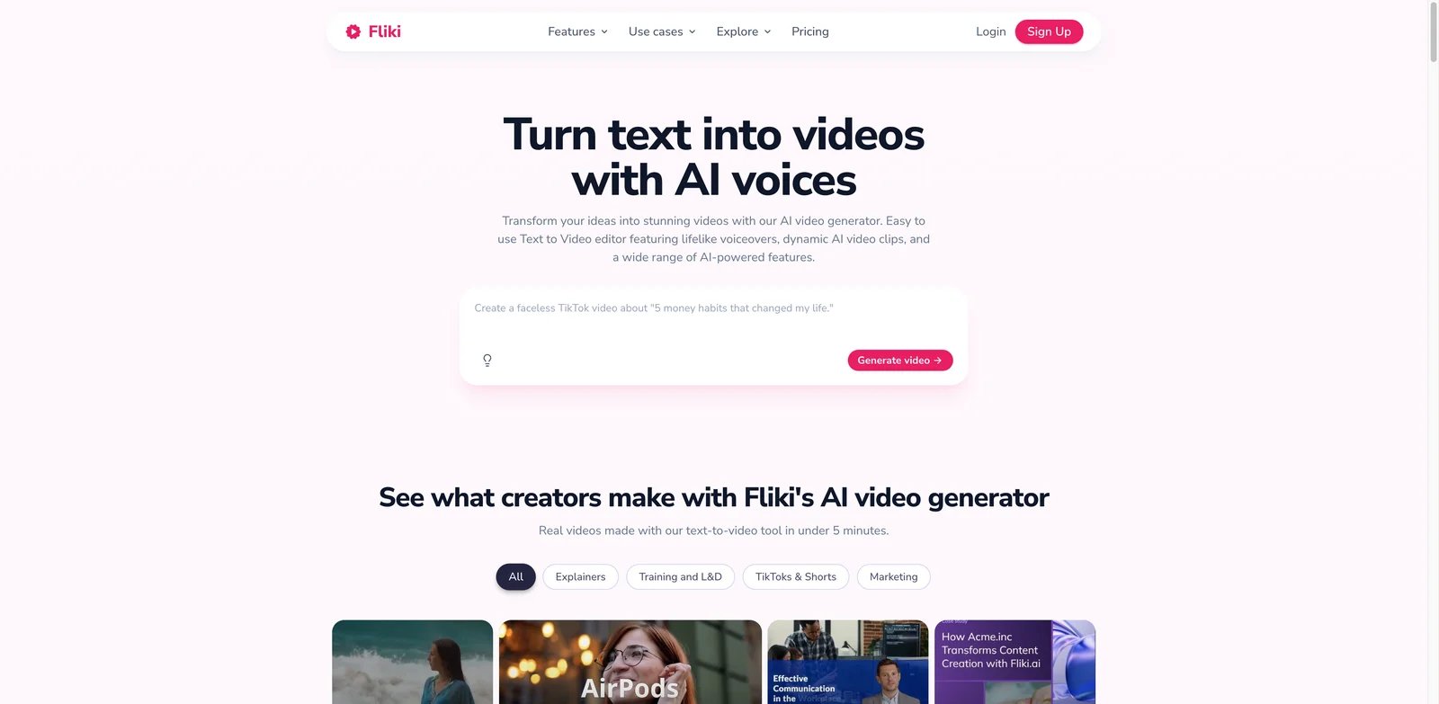 Fliki interface showing text-to-video, voiceover, and stock visual generation