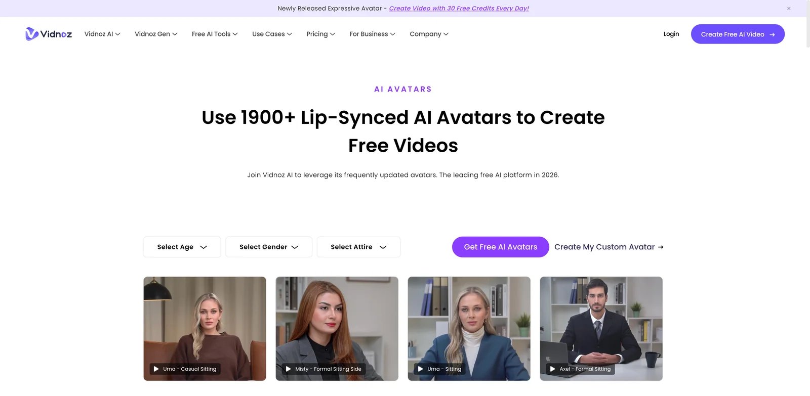 Vidnoz AI interface showing avatar templates and video creation