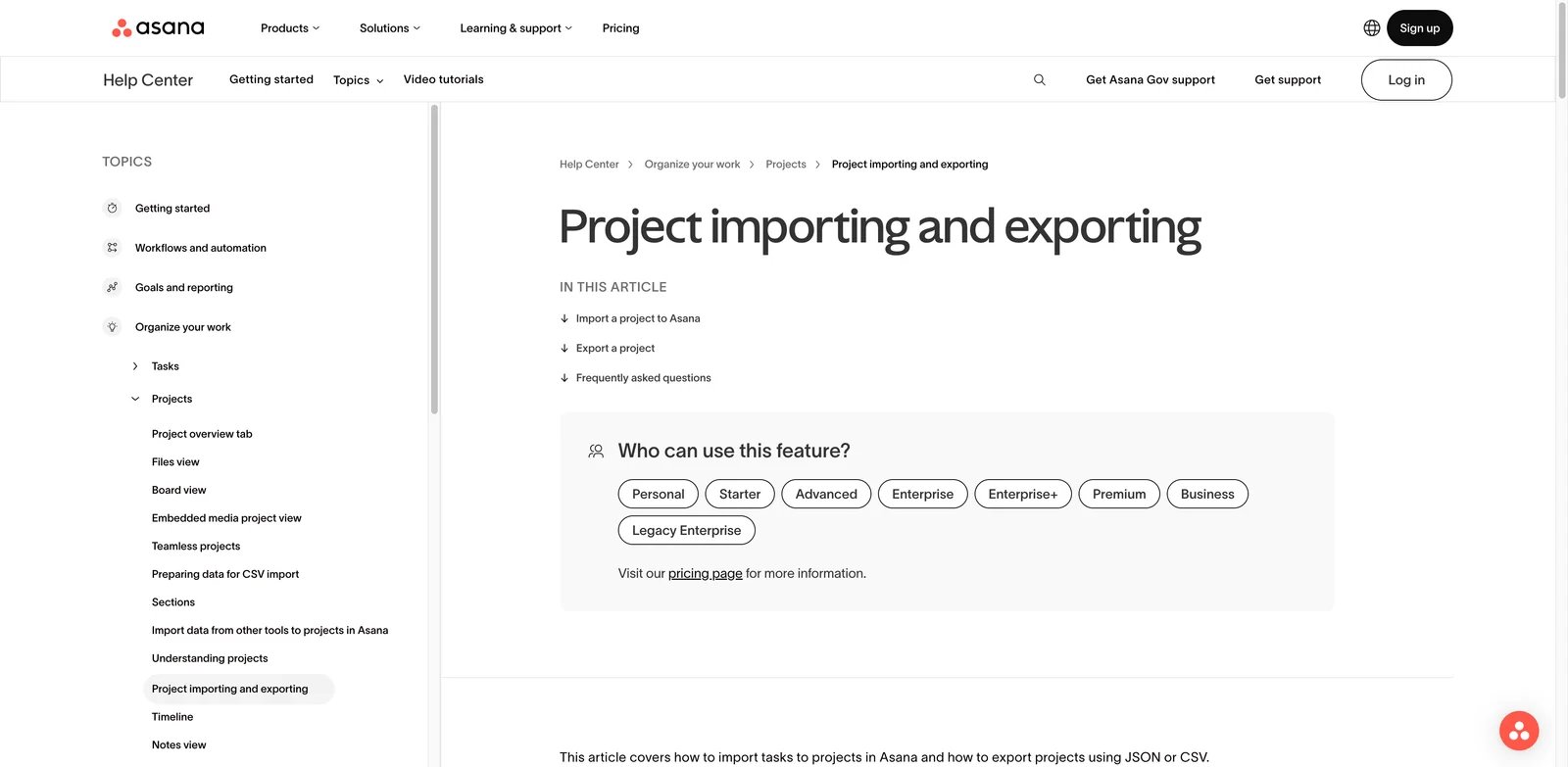 Asana project import help page showing supported project and CSV import routes