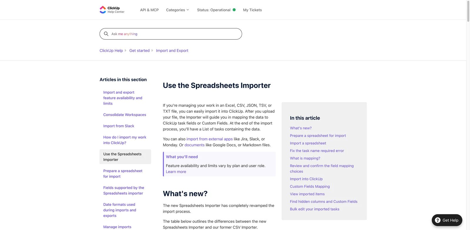ClickUp spreadsheet importer help page showing how structured work data can move into ClickUp