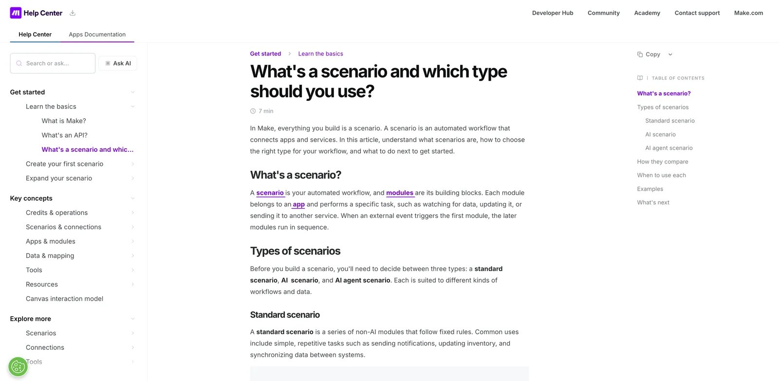 Make.com help page explaining standard, AI, and AI-agent scenario types
