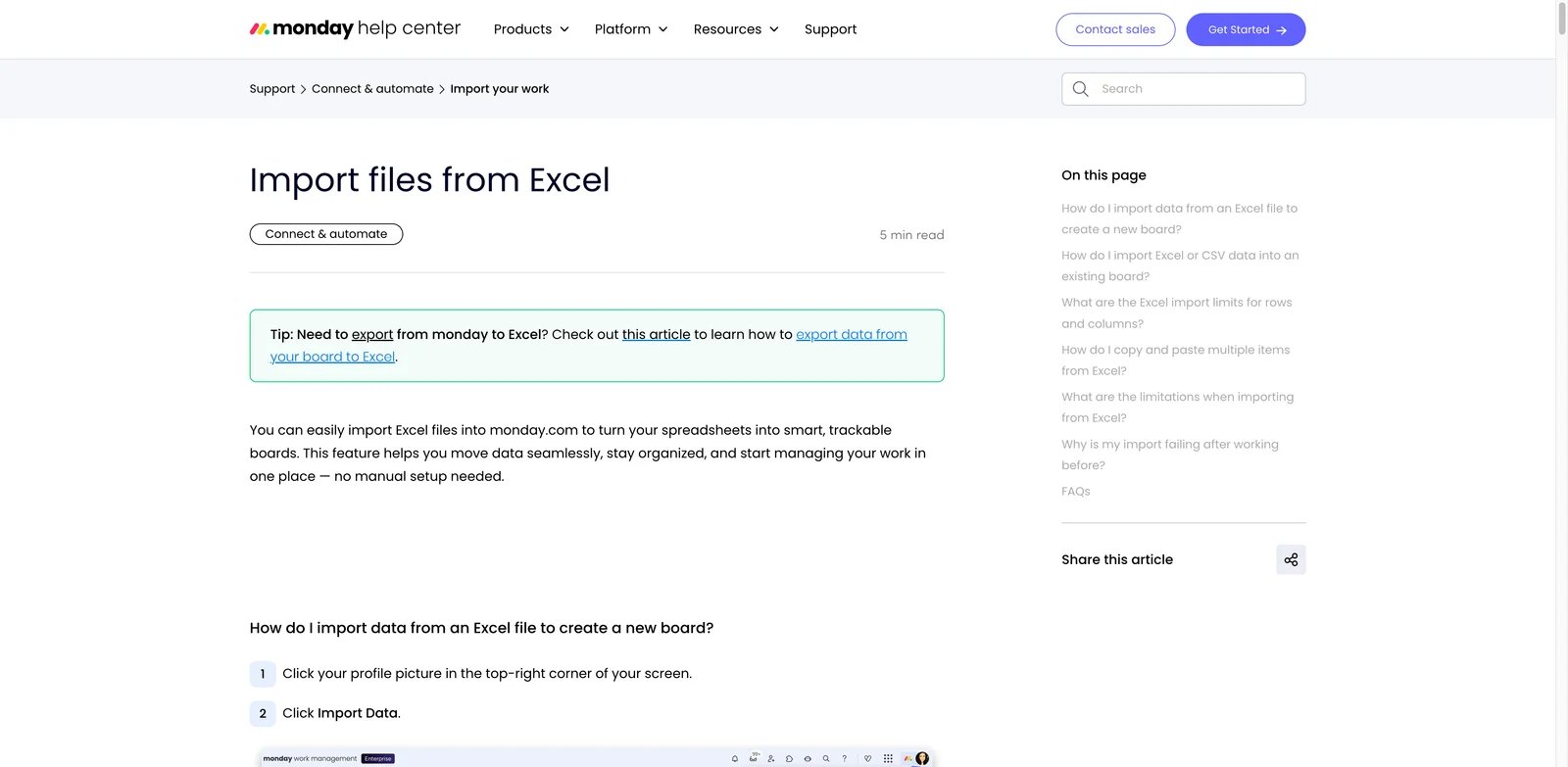 monday.com Excel import help page showing how spreadsheet work can become boards