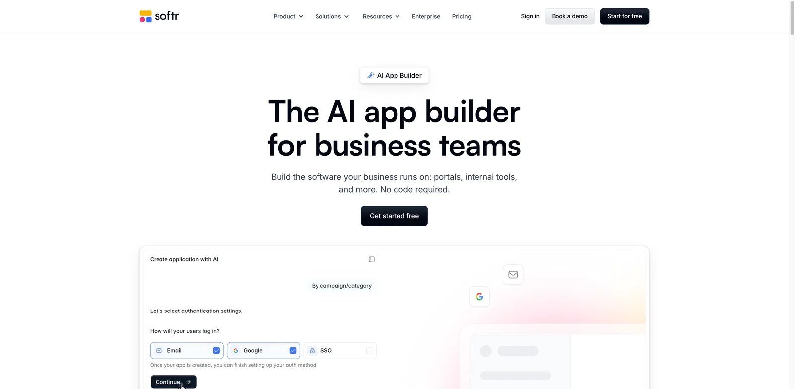 Softr builder interface showing portal-style app blocks and connected-data controls