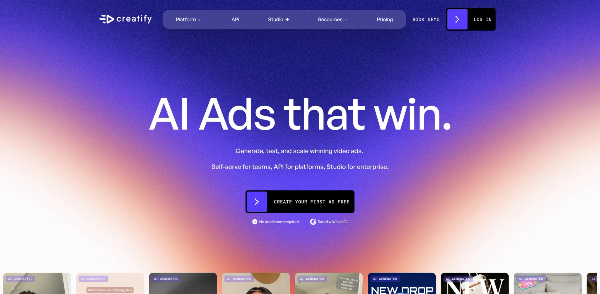 Creatify interface showing URL-to-ad workflow and AI actor selection