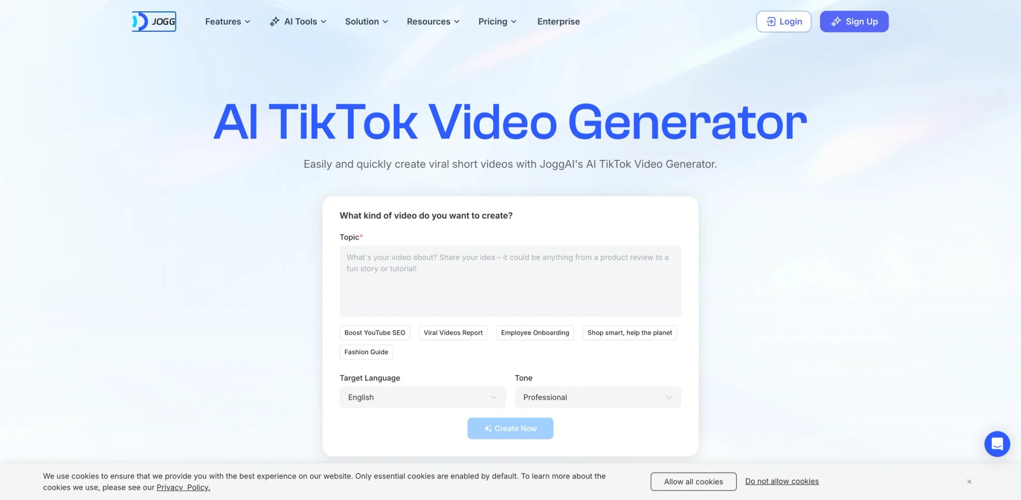 JoggAI interface showing AI avatar video creation and ecommerce product ad workflow
