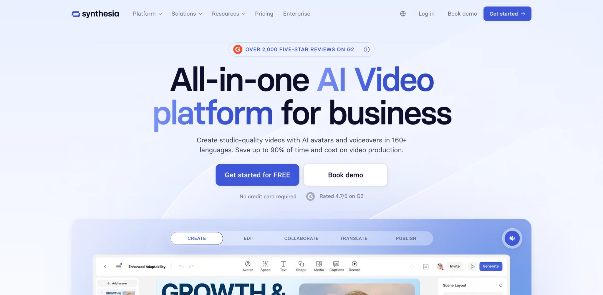 Synthesia interface showing enterprise avatar video editor and multilingual templates