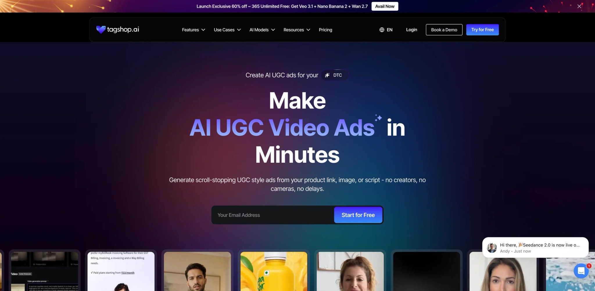 Tagshop AI interface showing product URL to UGC video ad generation