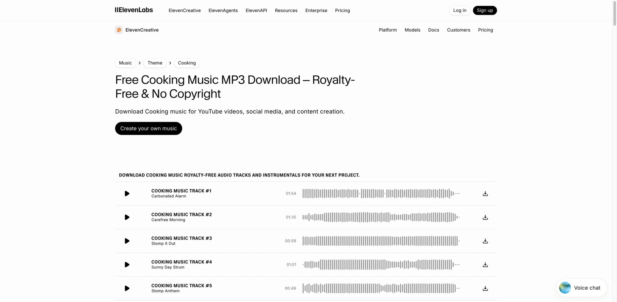 ElevenLabs Music interface showing prompt-based music generation within the ElevenLabs audio platform