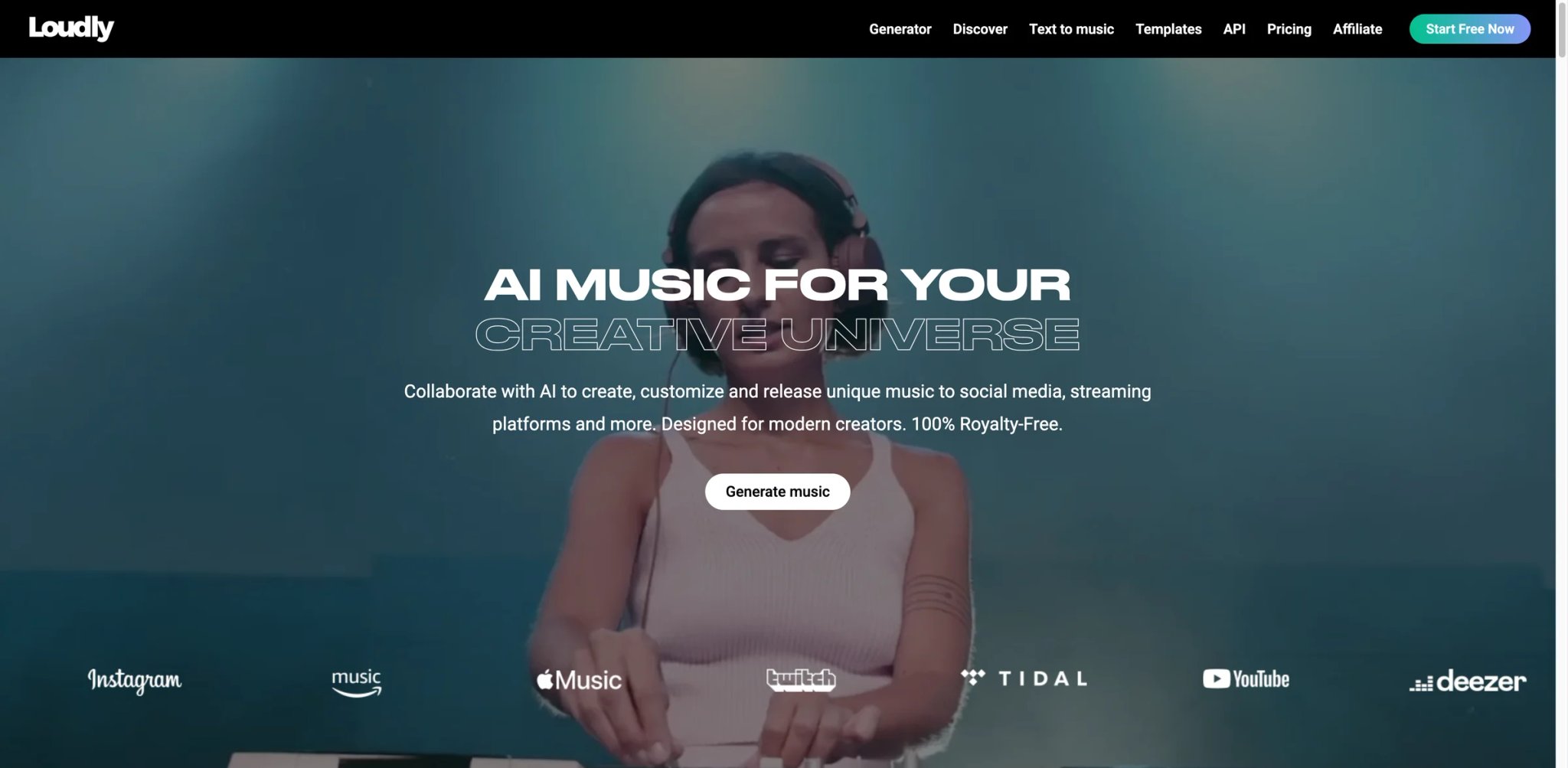 Loudly interface showing royalty-free AI music generation for video and social content