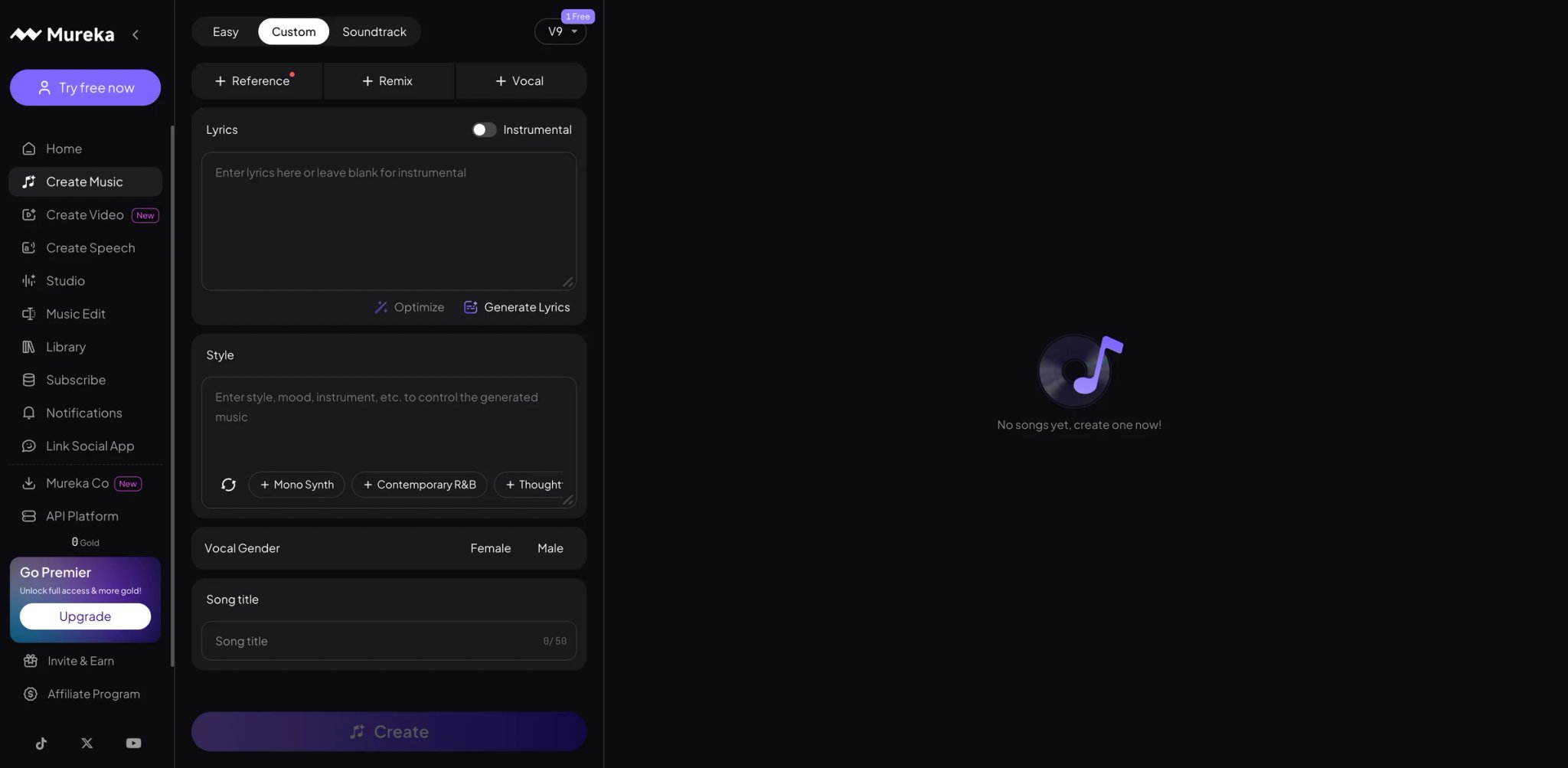 Mureka interface showing full-song creation with reference audio, stem export and vocal controls