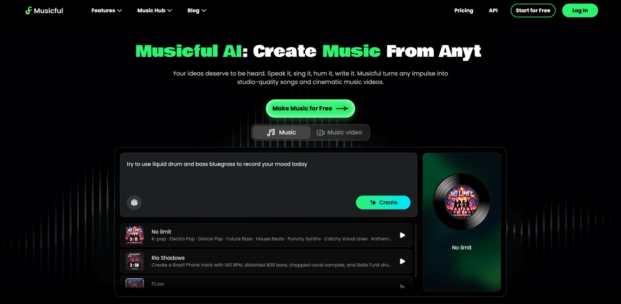 Musicful interface showing AI song, soundtrack, music video and stem generation in one workspace
