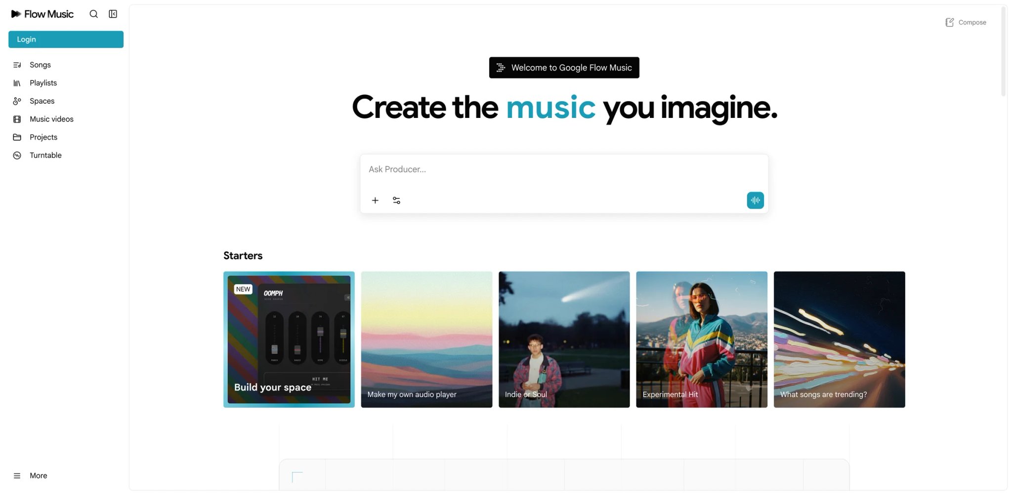 Producer.ai interface showing an experimental AI music generation workspace