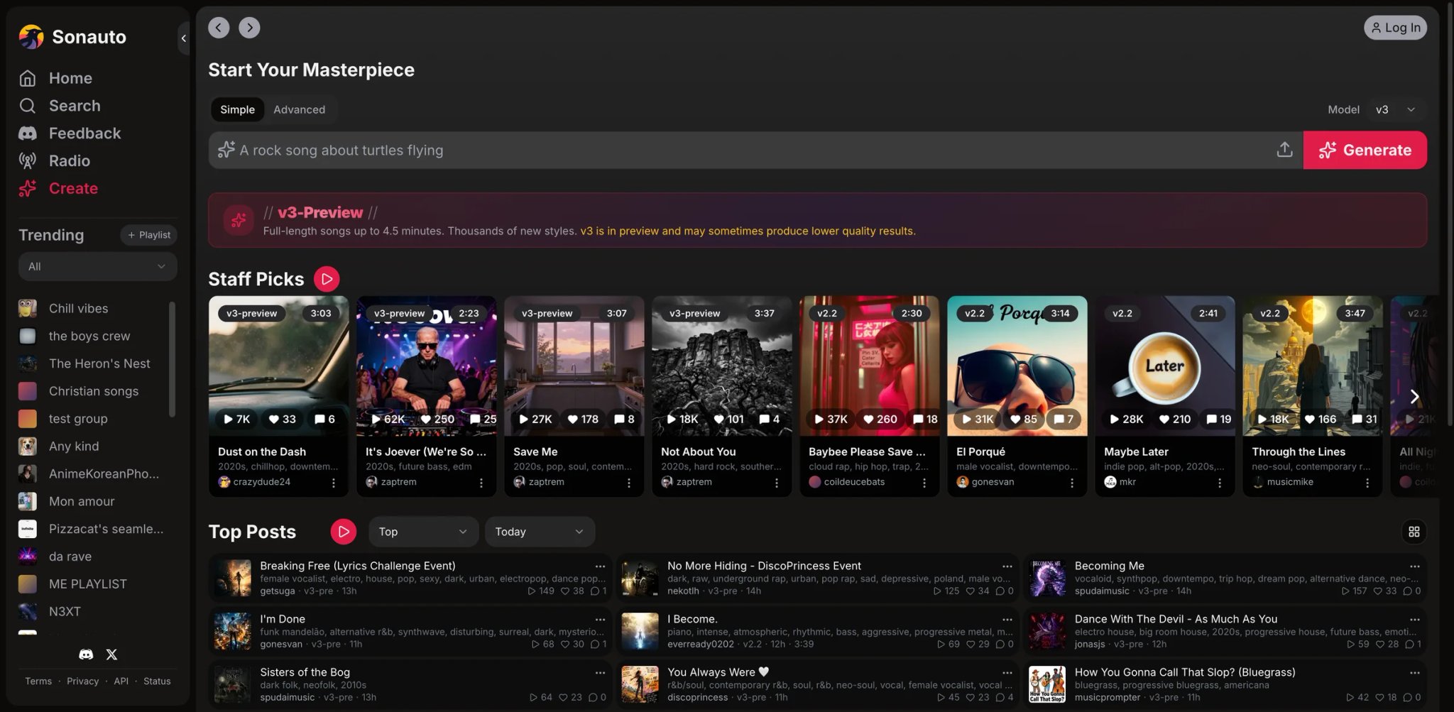 Sonauto interface showing a free unlimited AI song generator with vocal output