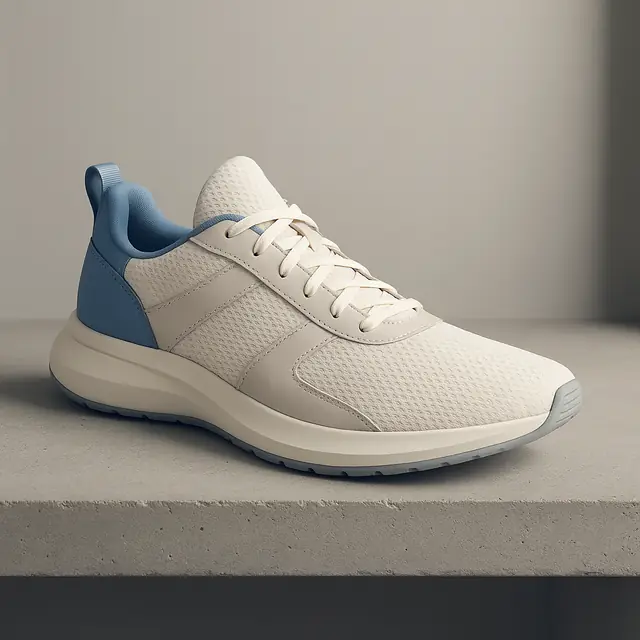 The same fictional SKU in a generated scene: identical shoe on a concrete ledge in a studio setting.